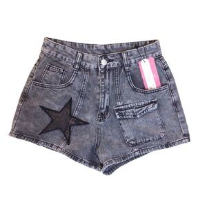 Romwe Aesthetic High Waist Black Star Denim Shorts Size Small (4) Acid Wash